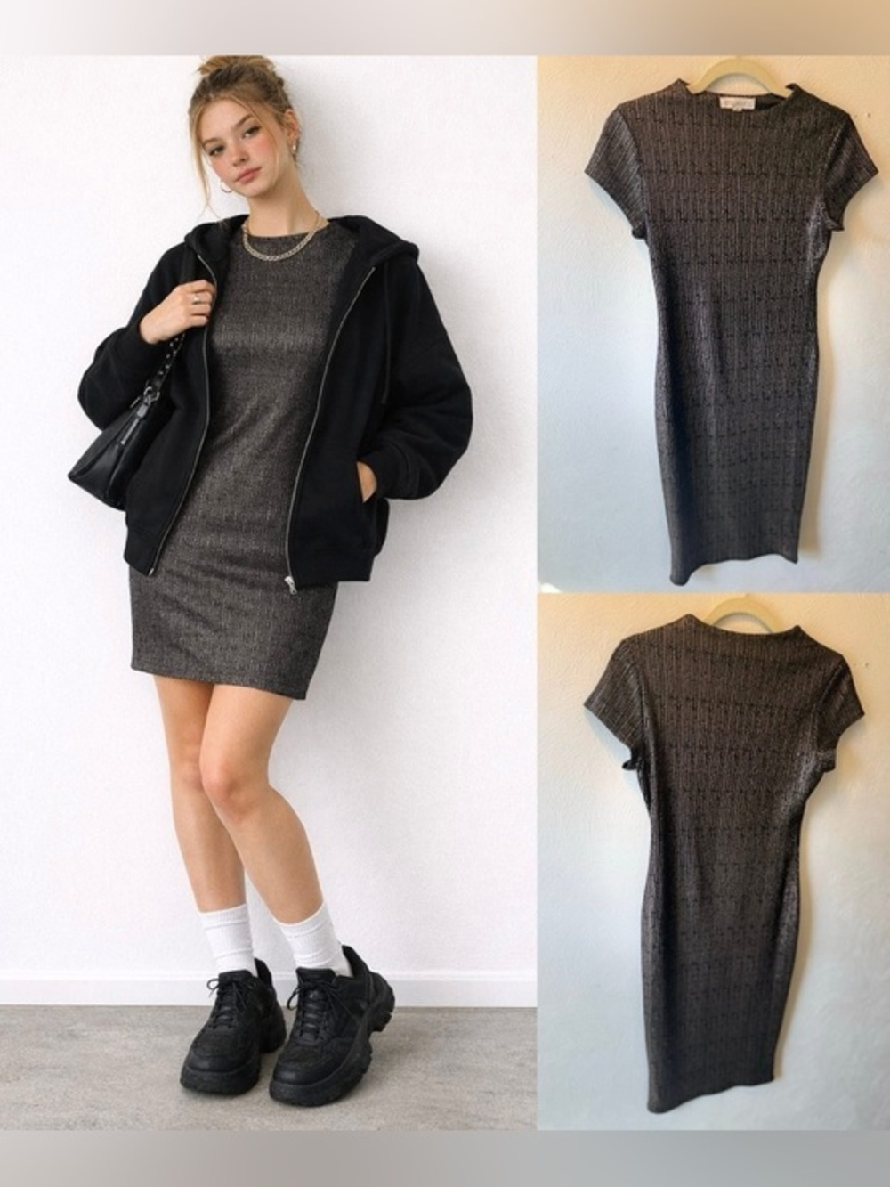 Stella Luce Metallic Ribbed Bodycon Dress Black Silver Mini Y2K Grunge Chic M
